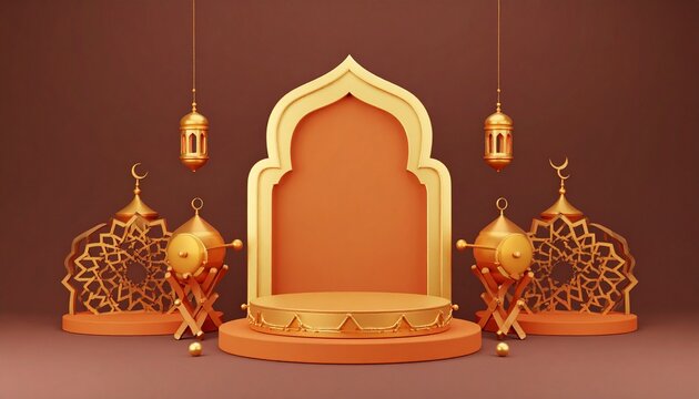 3d golden mosque dome and beduk drum set with warm lighting islamic decor