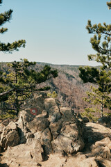 Fototapeta premium Rock formation viewpoint surrounded by pine forest in Divcibare Serbia. Scenic Balkan mountain landscape representing hiking, adventure travel and wilderness exploration.