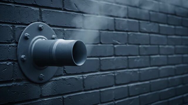 Steam billows from a pipe on a dark brick wall. Industrial exhaust vents into the cool air.