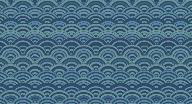 Seamless Japanese Wave Pattern, Blue Ocean Scallop Shell Motif, Traditional Textile Design
