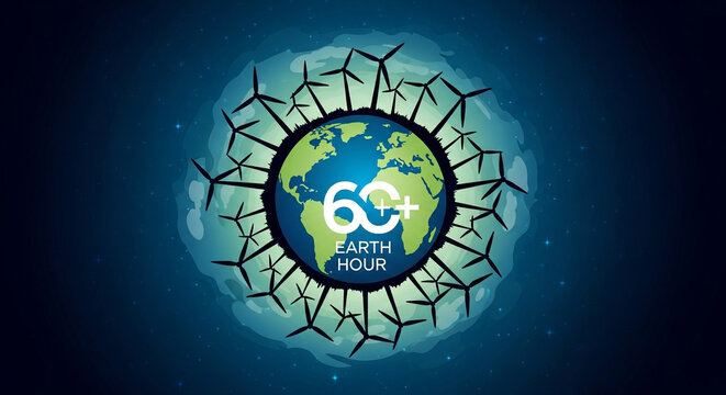 Earth Hour globe with hexagonal network and 60+ logo on dark futuristic background