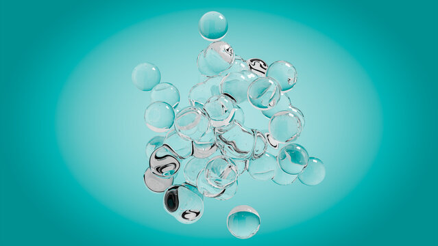 Abstract image of transparent bubbles with imperfections floating in front of turquoise colored gradient background