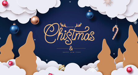 Elegant Christmas clipart papercut with golden lettering, festive baubles, candy cane, and snowy winter trees. Ideal for elegant greeting cards, invitations, banners and seasonal designs vector illust © Larisa