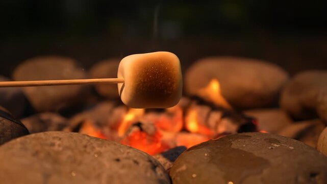 A marshmallow is toasted over a glowing campfire. The sweet treat slowly browns to perfection.
