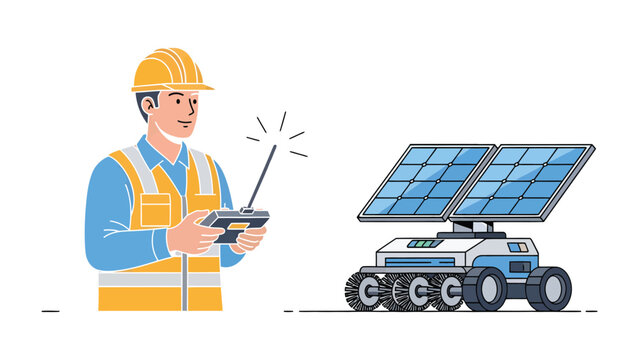 Engineer and Solar Panel Robot: An engineer, donned in a safety vest and helmet, skillfully operates a remote control, overseeing a cutting-edge solar panel robot.