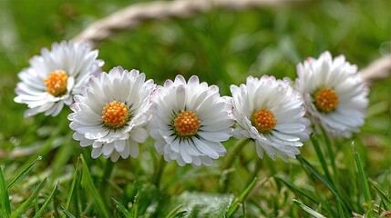 Obraz premium Five white composite flowers with bright orange centers line up in lush green grass.