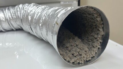 Aluminum dryer vent tube clogged with gray lint accumulation. Flexible metal pipe shows buildup from clothes drying. Needs cleaning for safety and efficiency. 