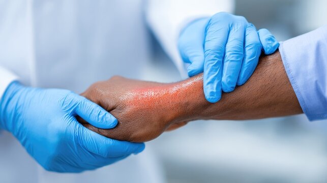 Healthcare professional gently examines reddened skin on a patient's wrist joint