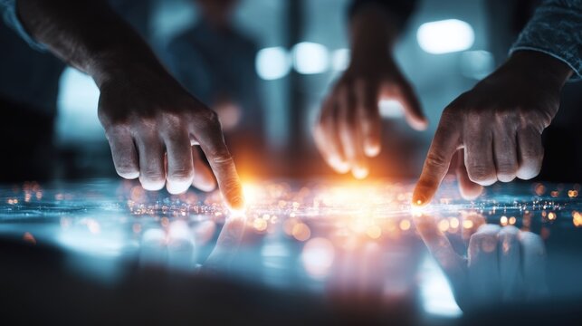 Fingers interacting with glowing digital interface in dark room