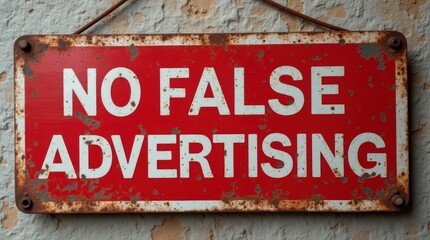Obraz premium Red metal sign on rough wall states NO FALSE ADVERTISING. Metal shows rust and wear. Sign implies need for truth in marketing and promotions. 