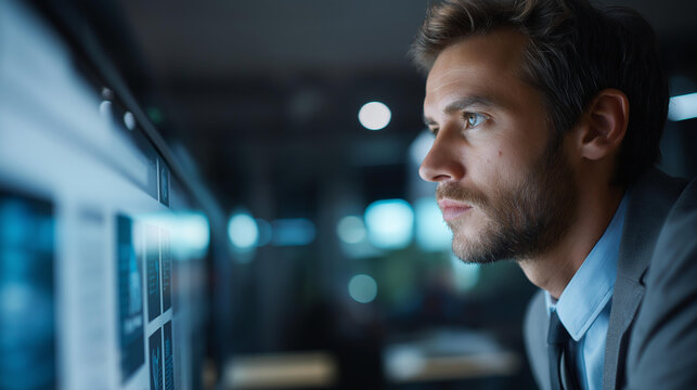 Faceless businessman analyzing a SWOT diagram displayed on a digital interface, defocused office background, business strategy concept, strengths weaknesses opportunities threats