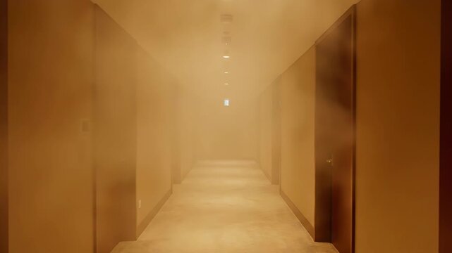 A long, empty hotel hallway with warm lighting. Smoke gradually fills the corridor, obscuring the view.