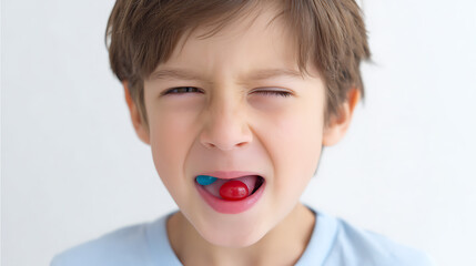 Young Boy with Expressive Face and Colorful Candy in Mouth, Showing Strong Emotion on White Background, Childhood Sweet Treat Fun