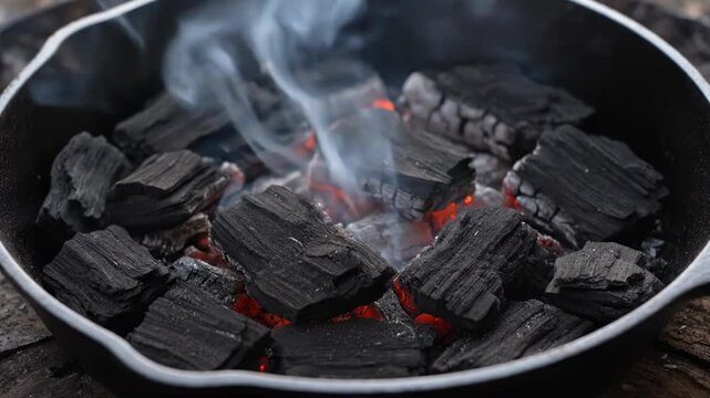 Glowing embers and smoke rise from hot charcoal in a cast iron skillet. This image captures the intense heat and primal energy of burning wood.