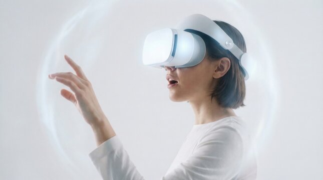 A young woman wears a white VR headset and reaches toward a glowing sphere. The scene depicts immersive technology and digital exploration. Ideal for tech blogs or gaming advertisements.