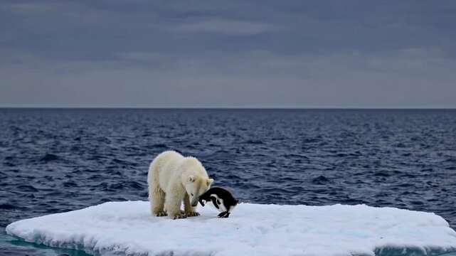 A polar bear and an Adelie penguin stand on an ice floe in the ocean. The sky is overcast, creating a dramatic atmosphere.