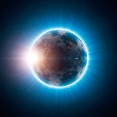 Fototapeta premium Glowing planet earth with solar flare and blue aura in space