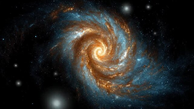 Vibrant spiral galaxy in deep space with swirling blue and orange nebulae, a mesmerizing cosmic astronomy background.