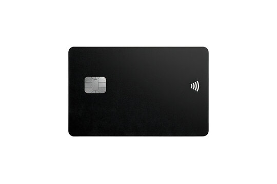 Black blank credit card template with chip and contactless symbol over a transparent background