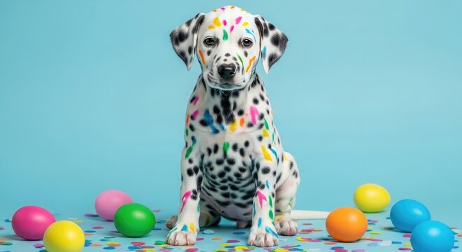 Dalmatian celebrates easter sunday with colorful eggs and confetti