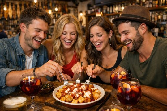 Freunde genie&szlig;en Patatas Bravas und Sangria in Tapasbar querformat
Fr&ouml;hliche Freundesgruppe teilt Patatas Bravas und Sangria in lebhafter spanischer Atmosph&auml;re.