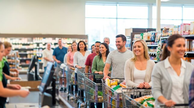 Diverse group of people waiting in a supermarket checkout line. Customers with shopping carts in a grocery store. Retail and consumer lifestyle concept