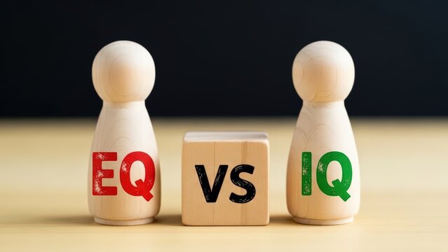 emotional intelligence A wooden figure with EQ and IQ symbols comparing emotional intelligence and intelligence quotient on a wooden block with VS in the middle.