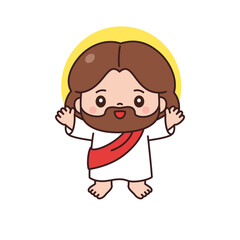 Obraz premium Cute kawaii chibi Jesus Christ standing waving with yellow halo on white background