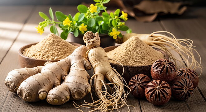 A blend of natural African and Asian aphrodisiac plants, fresh ginger, ginseng root, maca, kola nut, and tribulus terrestris, served on a rustic wooden table.