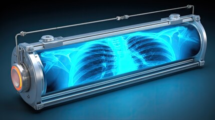 Obraz premium Futuristic medical container displays an illuminated internal human ribcage scan against a dark background.