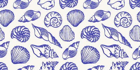 Seamless coastal pattern with blue seashells, starfish, leaves, and citrus slices on white background. Mediterranean repeating texture for fabric, wrapping paper, wallpaper, stationery, and textiles. © Danchenko