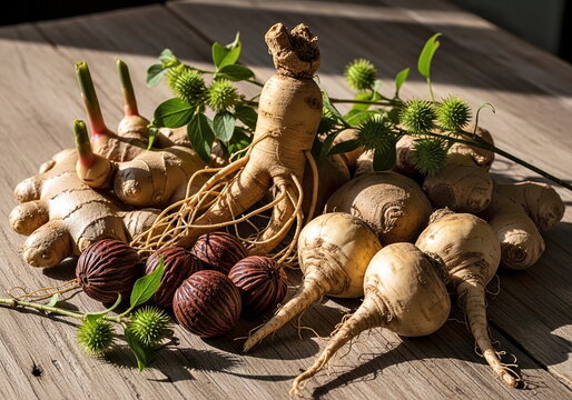 A blend of natural African and Asian aphrodisiac plants, fresh ginger, ginseng root, maca, kola nut, and tribulus terrestris, served on a rustic wooden table.