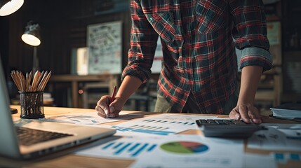 Fototapeta premium Person standing at desk reviewing financial data and making calculations late in the evening.