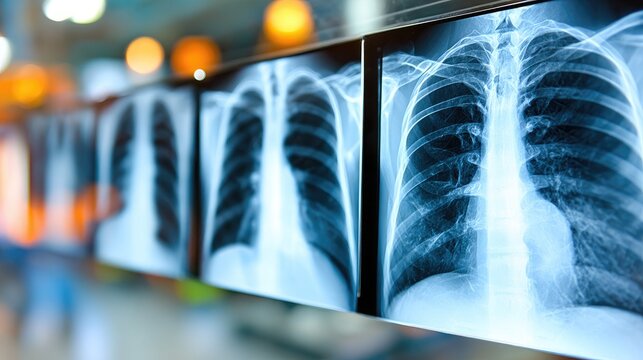 Multiple chest radiographs displayed in a row within a dimly lit clinical setting