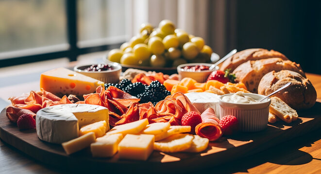 A beautifully arranged charcuterie board overflowing with cheeses, fruits, and bread. Ideal for food blogs, restaurant menus, or lifestyle content evo