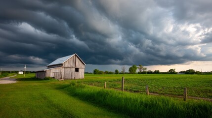 Obraz premium Simple Barn in Storm Front View with Cloudy Skies and Lush Greenery