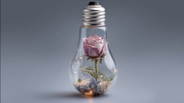 Glass light bulb containing a dried rose and fairy lights