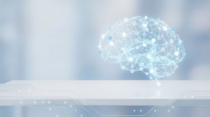 Abstract Network of Connected Nodes Forming Brain Shape on Light Background