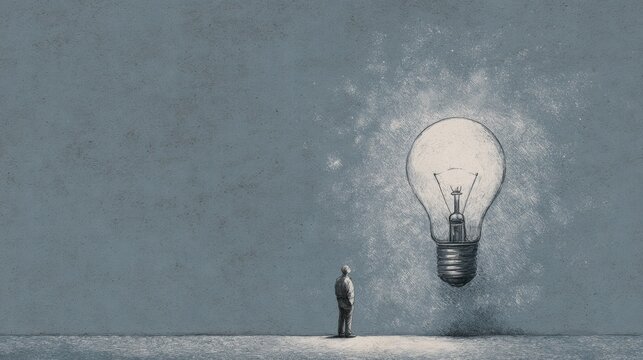 Man contemplating a large glowing light bulb on a textured wall