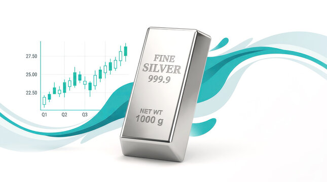 Silver bar with weight and purity markings stands against financial chart background, symbolizing investment growth