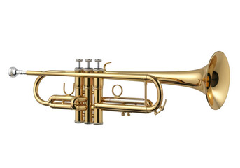 Fototapeta premium Shiny brass trumpet instrument with three valves and bell flare