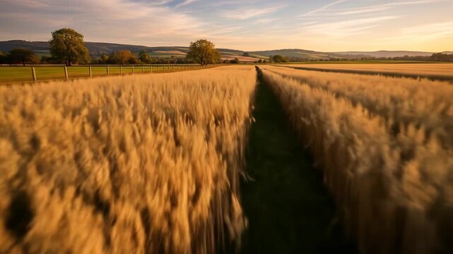 A serene golden wheat field at sunset with a pathway through it