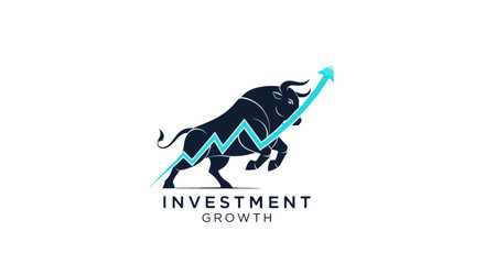 A strong, black bull stands with an upward-trending blue financial graph, symbolizing investment growth and a bullish market trend on a clean white background. © 306