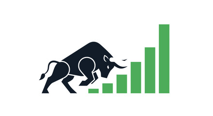 A powerful black bull silhouette stands before a rising green bar graph, symbolizing a strong bull market and positive financial growth. © 306