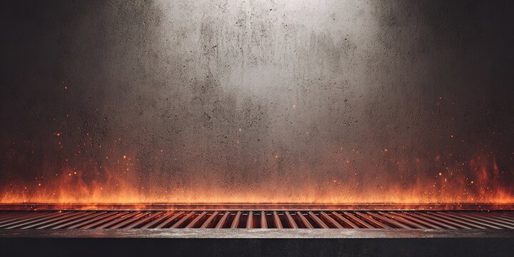 Hot barbecue grill grate with glowing coals and sparks, empty BBQ background