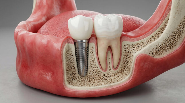 Cross Section Model of Dental Implant and Natural Tooth