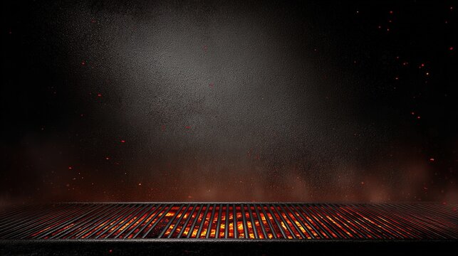 Barbecue Grill - Embers With Flames And Abstract Sparks - Grid And Fire On Charcoal In Black Background