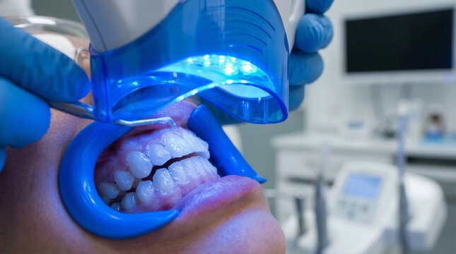 Professional dental teeth whitening treatment with UV light