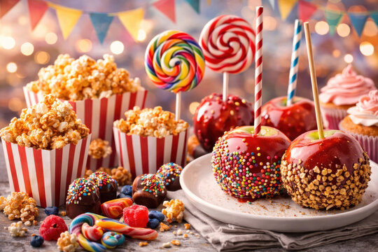 Colorful festive sweets and carnival treats on a bright party table. Caramel apples with sprinkles and nuts, popcorn in striped boxes, rainbow lollipops,  