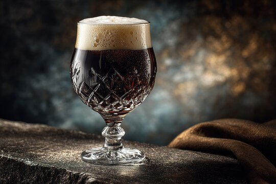 Glass of dark stout or porter beer with foam on rustic stone background